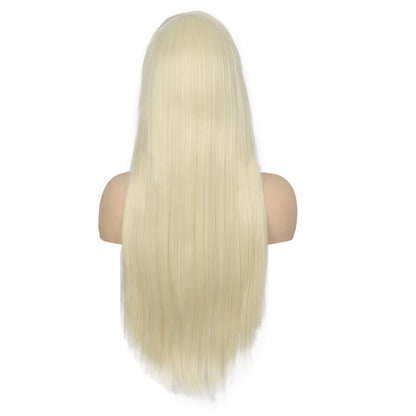28 inches Platinum Blonde Wigs Women's Silky Long Straight Wig Heat Resistant Synthetic Wig With Bangs Hair Wig for Women