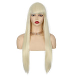 28 inches Platinum Blonde Wigs Women's Silky Long Straight Wig Heat Resistant Synthetic Wig With Bangs Hair Wig for Women