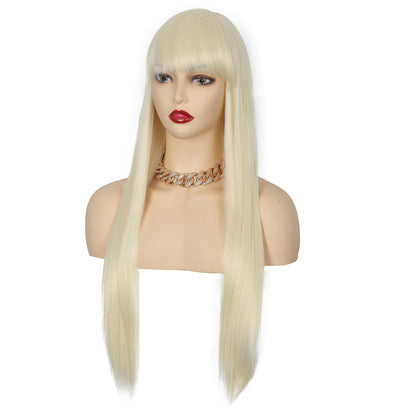 28 inches Platinum Blonde Wigs Women's Silky Long Straight Wig Heat Resistant Synthetic Wig With Bangs Hair Wig for Women