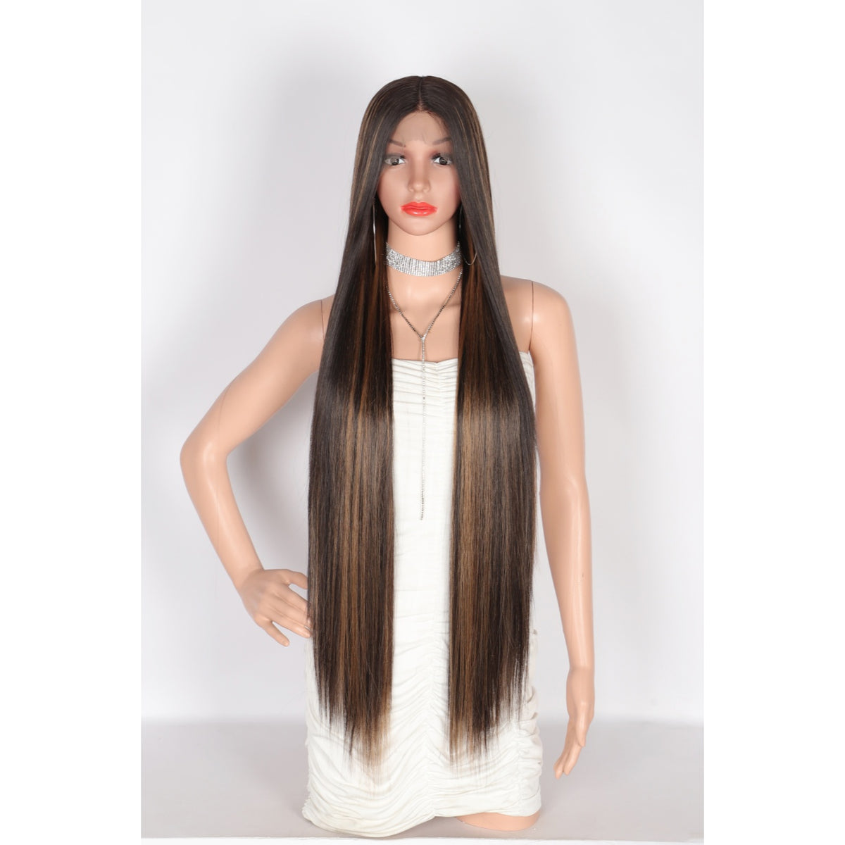 38" Super Long Straight Wigs Lace Front Wigs Middle Part Wig Brown Highlight Synthetic Wig for Women