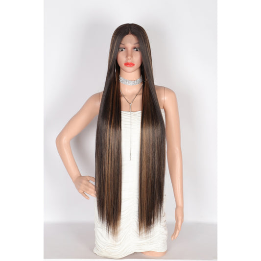 38" Super Long Straight Wigs Lace Front Wigs Middle Part Wig Brown Highlight Synthetic Wig for Women