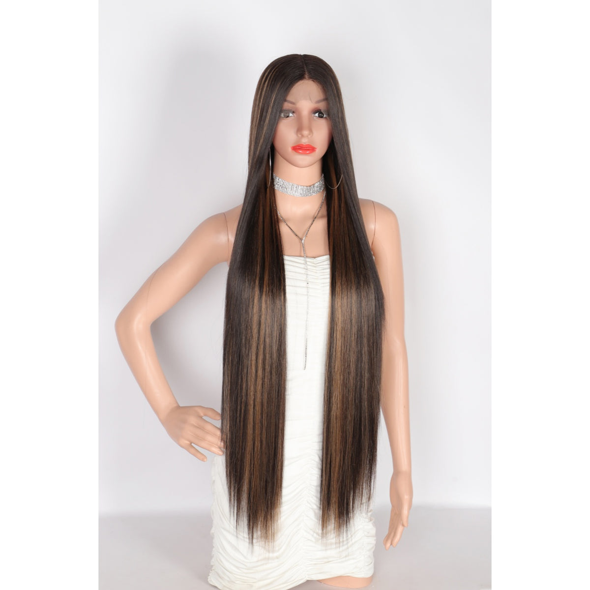 38" Super Long Straight Wigs Lace Front Wigs Middle Part Wig Brown Highlight Synthetic Wig for Women