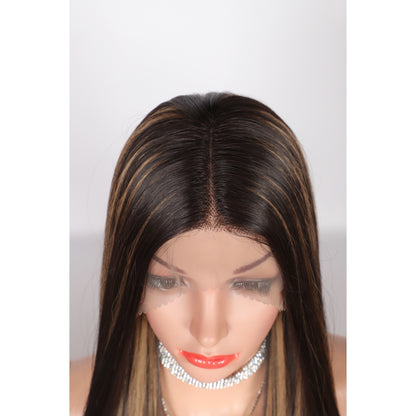 38" Super Long Straight Wigs Lace Front Wigs Middle Part Wig Brown Highlight Synthetic Wig for Women