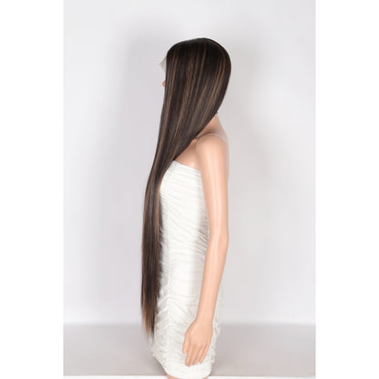38" Super Long Straight Wigs Lace Front Wigs Middle Part Wig Brown Highlight Synthetic Wig for Women