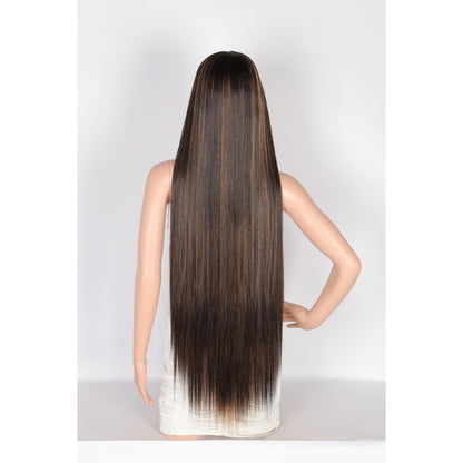 38" Super Long Straight Wigs Lace Front Wigs Middle Part Wig Brown Highlight Synthetic Wig for Women