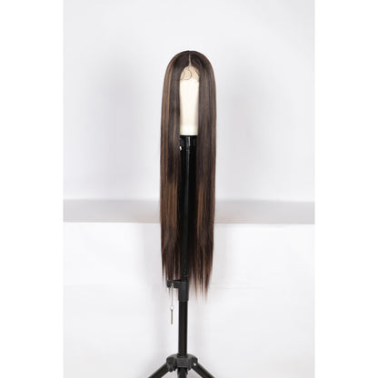 38" Super Long Straight Wigs Lace Front Wigs Middle Part Wig Brown Highlight Synthetic Wig for Women