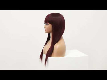22" Long Straight Silky Smooth Synthetic Hair Wigs with Bangs for Women High Temperature Yaki Texture Full Hair Wigs for Women (Burgundy Red)