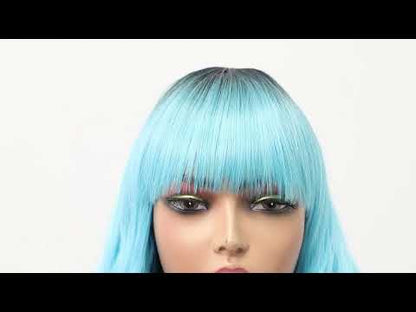 Short Synthetic Rooted ice blue with Hair Bangs Short Wavy Curly Wig for Women -Natural Looking and Heat Resistant Full Head Hair Replacement Wig for Daily Wear or Costume Wig