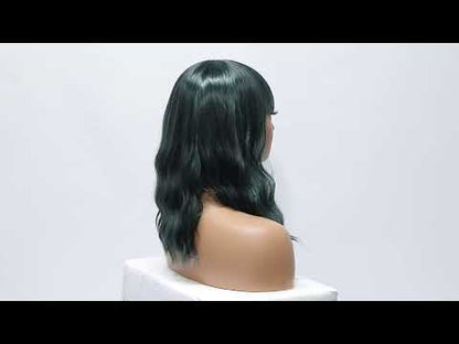 Short Synthetic Dark Teal Green Wig with Hair Bangs Short Wavy Curly Wig for Women -Natural Looking and Heat Resistant Full Head Hair Replacement Wig for Daily Wear or Costume Wig
