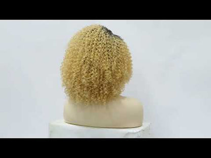 Short Afro Kinky Curly Wigs for Women Side Curved Side Part Natural Looking Big,Bouncy and Super Soft Premium Synthetic Afro Curls Wigs for Women Ombre Blonde