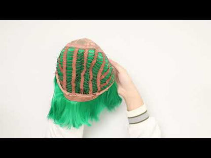 Green Short Straight Bob Wig with Bangs Yaki Short Wig Glueless Natural Look Easy Wear 12"
