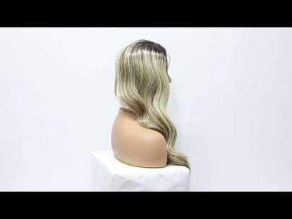 24 Inch Long Curly Wig Side Part  Loose Wave Wig Synthetic Lace Front Wig for Women Ombre Balayage Ash Blonde