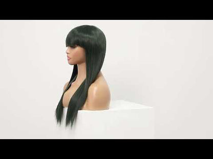 22" Long Straight Silky Smooth Synthetic Hair Wigs with Bangs for Women High Temperature Yaki Texture Full Hair Wigs for Women (Blackish Green)